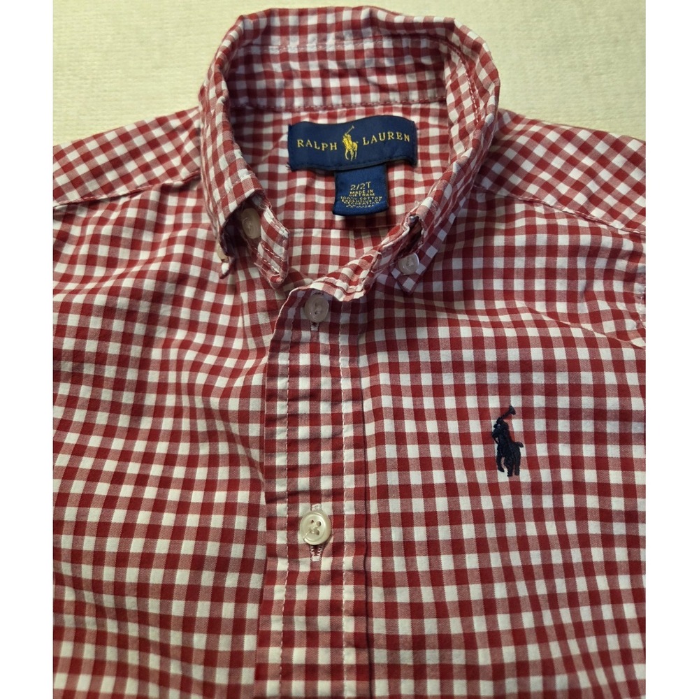 Ralph Lauren Boys Cotton Button Down Red‎ White Gingham Check Dress Shirt 2T